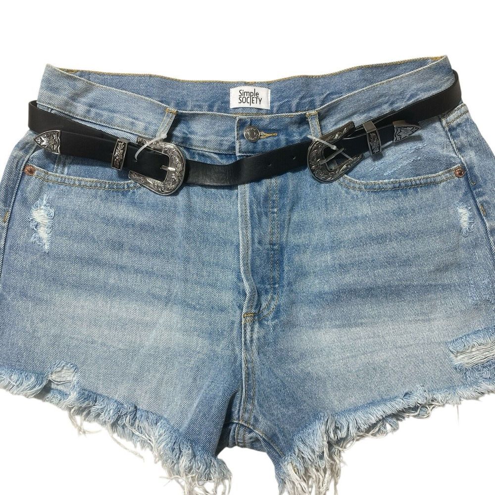 NWOT Simple Society Super 11/30 Belt w 2 Buckle High Rise Shorts Womens Denim